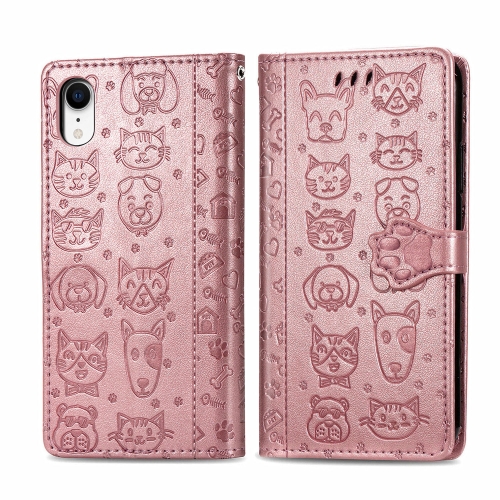 

For iPhone XR Cute Cat and Dog Embossed Horizontal Flip PU Leather Case with Holder / Card Slot / Wallet / Lanyard(Rose Gold)