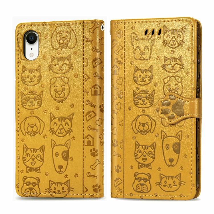 

For iPhone XR Cute Cat and Dog Embossed Horizontal Flip PU Leather Case with Holder / Card Slot / Wallet / Lanyard(Yellow)