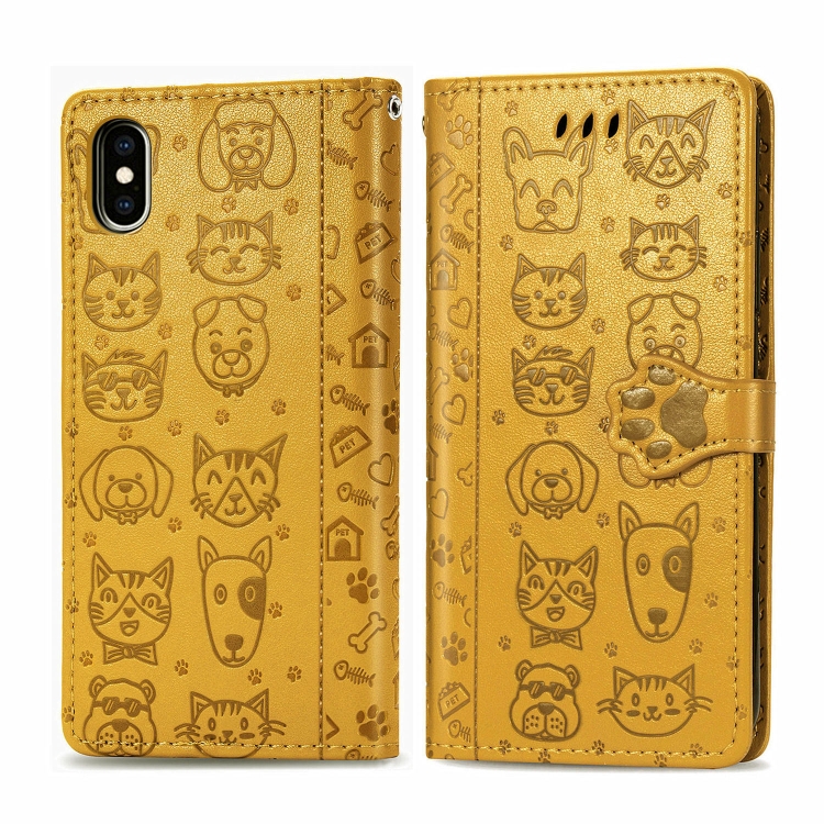 

For iPhone XS Max Cute Cat and Dog Embossed Horizontal Flip PU Leather Case with Holder / Card Slot / Wallet / Lanyard(Yellow)