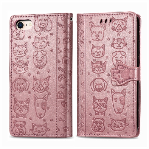 

For iPhone 8/7 Cute Cat and Dog Embossed Horizontal Flip PU Leather Case with Holder / Card Slot / Wallet / Lanyard(Rose Gold)