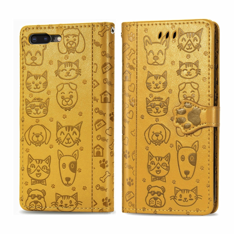 

For iPhone 8Plus/7Plus Cute Cat and Dog Embossed Horizontal Flip PU Leather Case with Holder / Card Slot / Wallet / Lanyard(Yellow)
