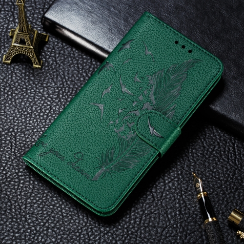 

For Huawei Nova 6 Litchi Texture Feather Embossing Horizontal Flip Leather Case with Holder & Card Slots & Wallet & Photo Frame & Lanyard(Green)