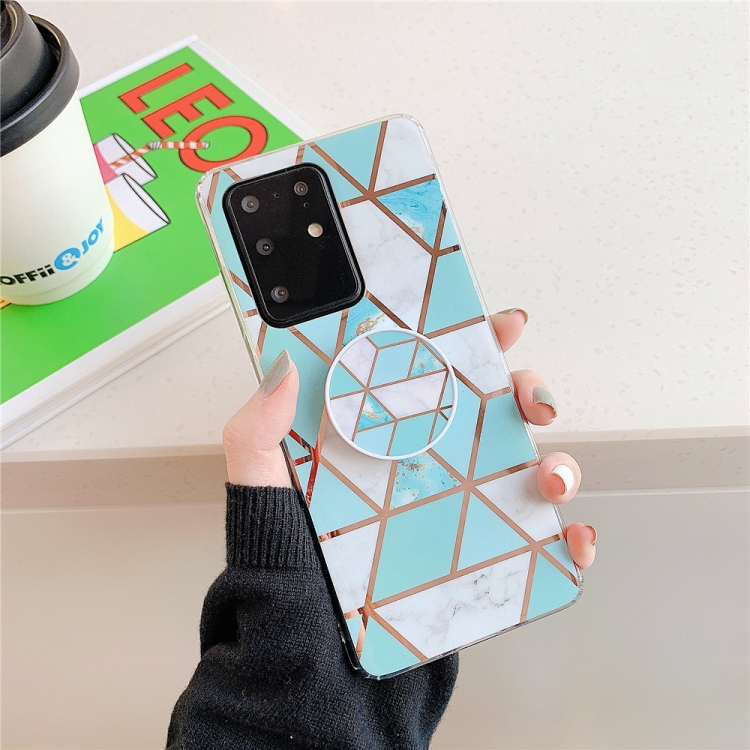 

For Huawei P40 Plating Colorful Geometric Pattern Mosaic Marble TPU Mobile Phone Case with Folding Bracket(Green PS2)