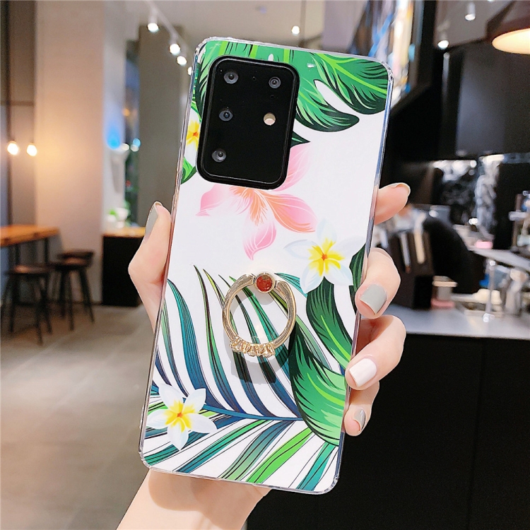 

For Galaxy A51 Smooth Flower Series IMD TPU Case with Ring Rhinestones Holder(Plumeria White KR3)