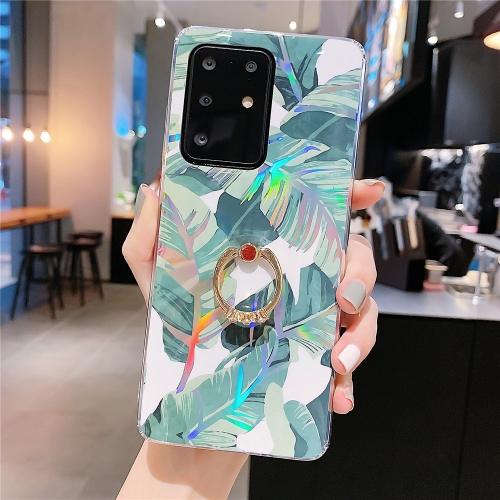 

For Galaxy A51 Colorful Laser Flower Series IMD TPU Mobile Phone Case With Ring Bracket Rhinestones(Banana Leaf KC1)