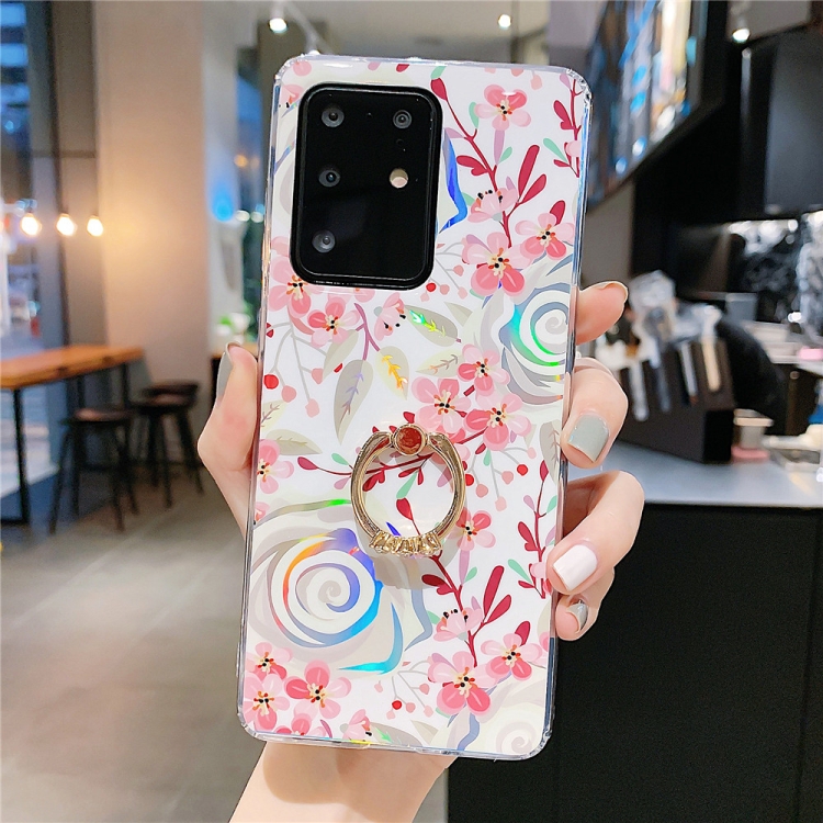

For Galaxy A51 Colorful Laser Flower Series IMD TPU Mobile Phone Case With Ring Bracket Rhinestones(Lyre Coral KC4)