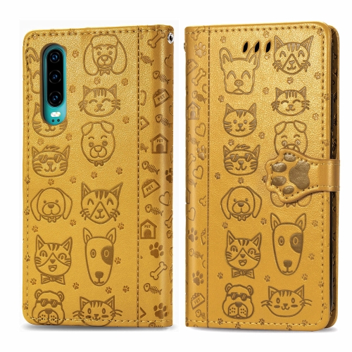 

For Huawei P30 Cute Cat and Dog Embossed Horizontal Flip PU Leather Case with Holder / Card Slot / Wallet / Lanyard(Yellow)