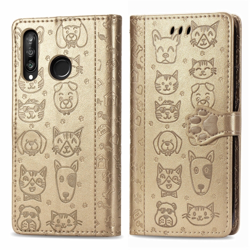 

For Huawei P30 Lite / Nova 4e Cute Cat and Dog Embossed Horizontal Flip PU Leather Case with Holder / Card Slot / Wallet / Lanyard(Gold)