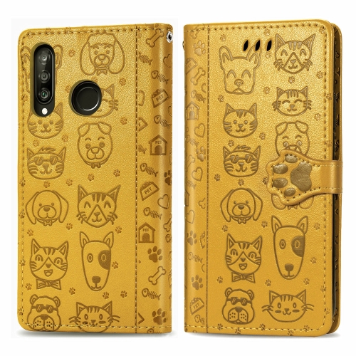 

For Huawei P30 Lite / Nova 4e Cute Cat and Dog Embossed Horizontal Flip PU Leather Case with Holder / Card Slot / Wallet / Lanyard(Yellow)