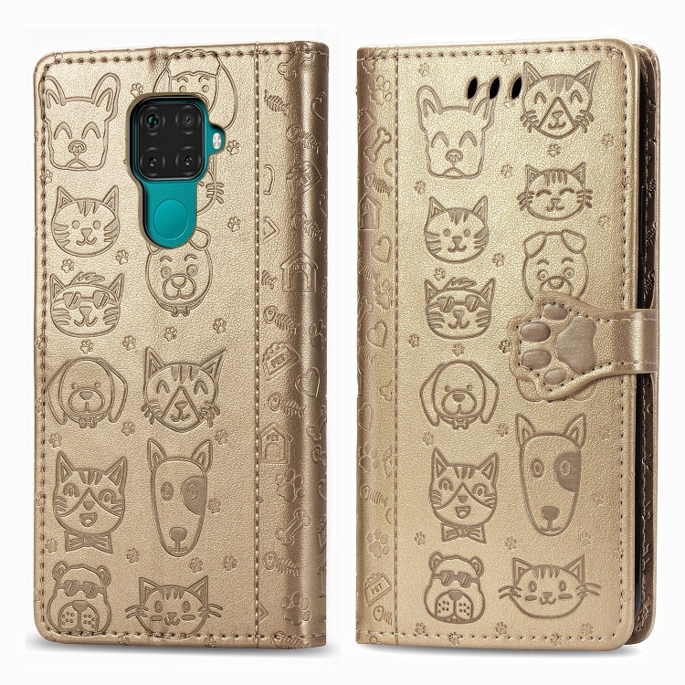 

For Huawei Mate 30 Lite/Nova 5i Pro Cute Cat and Dog Embossed Horizontal Flip PU Leather Case with Holder / Card Slot / Wallet / Lanyard(Gold)