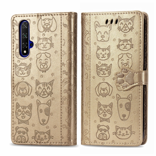 

For Huawei Honor 20 Cute Cat and Dog Embossed Horizontal Flip PU Leather Case with Holder / Card Slot / Wallet / Lanyard(Gold)