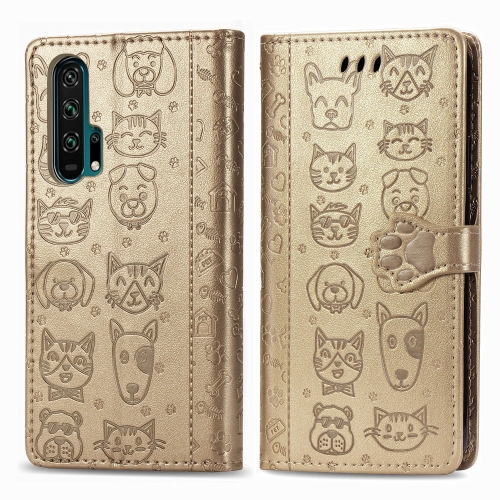 

For Huawei Honor 20 Pro Cute Cat and Dog Embossed Horizontal Flip PU Leather Case with Holder / Card Slot / Wallet / Lanyard(Gold)