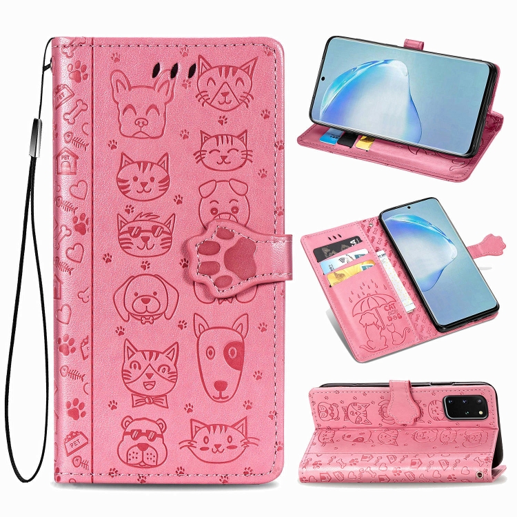 

For Galaxy S20 Plus Cute Cat and Dog Embossed Horizontal Flip Leather Case with Bracket / Card Slot / Wallet / Lanyard(Pink)