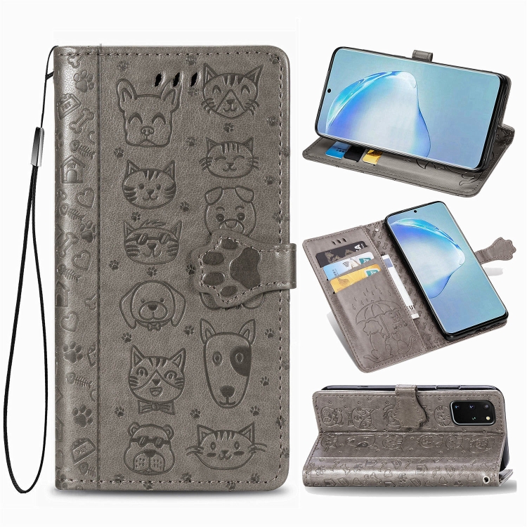 

For Galaxy S20 Plus Cute Cat and Dog Embossed Horizontal Flip Leather Case with Bracket / Card Slot / Wallet / Lanyard(Gray)