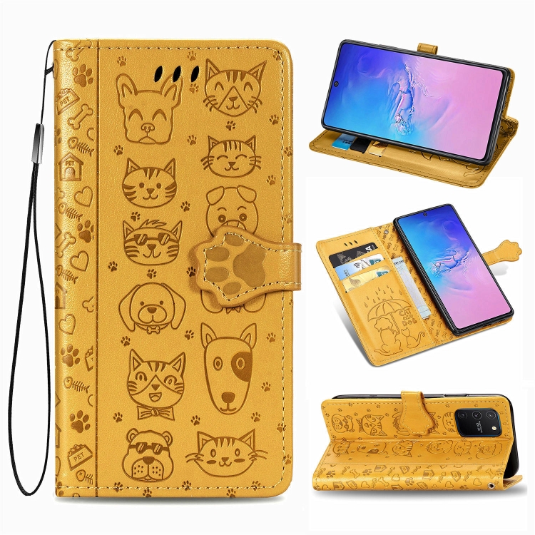 

For Galaxy S10 Lite/A91 Cute Cat and Dog Embossed Horizontal Flip Leather Case with Bracket / Card Slot / Wallet / Lanyard(Yellow)