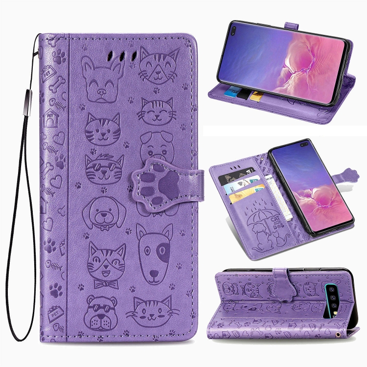 

For Galaxy S10 Plus Cute Cat and Dog Embossed Horizontal Flip Leather Case with Bracket / Card Slot / Wallet / Lanyard(Purple)