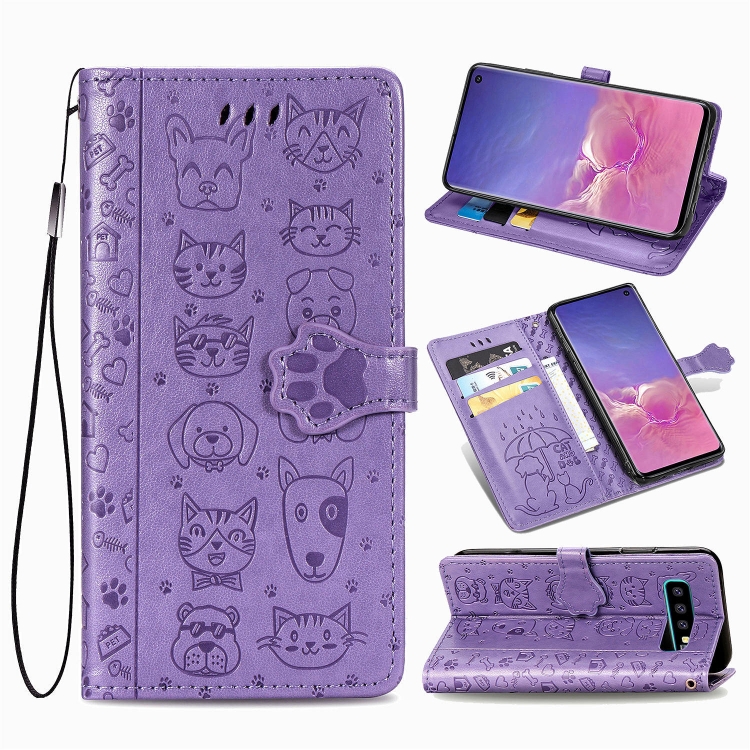 

For Galaxy S10 Cute Cat and Dog Embossed Horizontal Flip Leather Case with Bracket / Card Slot / Wallet / Lanyard(Purple)