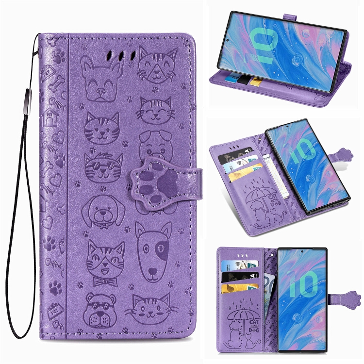

For Galaxy Note 10 Cute Cat and Dog Embossed Horizontal Flip Leather Case with Bracket / Card Slot / Wallet / Lanyard(Purple)