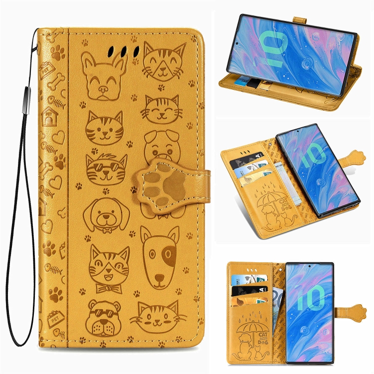 

For Galaxy Note 10 Pro Cute Cat and Dog Embossed Horizontal Flip Leather Case with Bracket / Card Slot / Wallet / Lanyard(Yellow)
