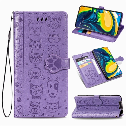 

For Galaxy A80/A90 Cute Cat and Dog Embossed Horizontal Flip Leather Case with Bracket / Card Slot / Wallet / Lanyard(Purple)