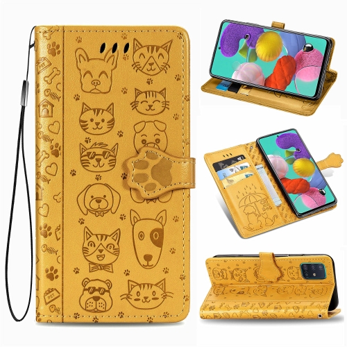 

For Galaxy A71 Cute Cat and Dog Embossed Horizontal Flip Leather Case with Bracket / Card Slot / Wallet / Lanyard(Yellow)