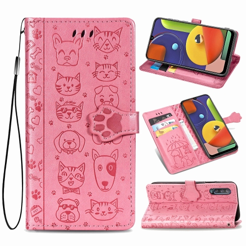 

For Galaxy A70/A70S Cute Cat and Dog Embossed Horizontal Flip Leather Case with Bracket / Card Slot / Wallet / Lanyard(Pink)