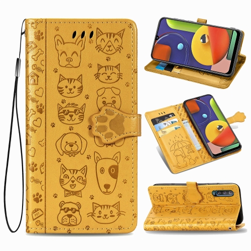 

For Galaxy A70/A70S Cute Cat and Dog Embossed Horizontal Flip Leather Case with Bracket / Card Slot / Wallet / Lanyard(Yellow)