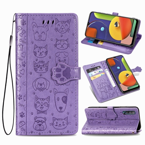 

For Galaxy A70/A70S Cute Cat and Dog Embossed Horizontal Flip Leather Case with Bracket / Card Slot / Wallet / Lanyard(Purple)