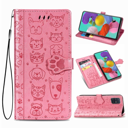 

For Galaxy A51 Cute Cat and Dog Embossed Horizontal Flip Leather Case with Bracket / Card Slot / Wallet / Lanyard(Pink)