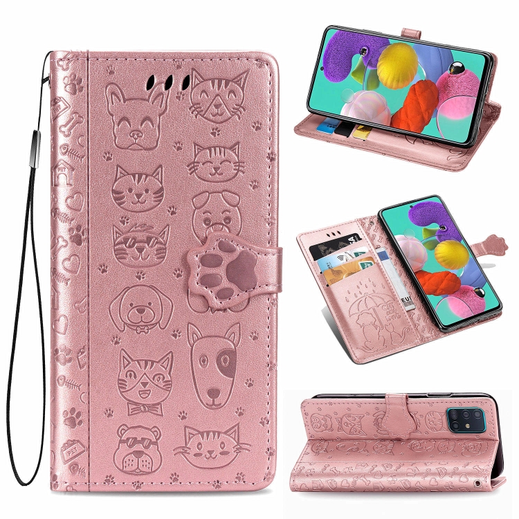 

For Galaxy A51 Cute Cat and Dog Embossed Horizontal Flip Leather Case with Bracket / Card Slot / Wallet / Lanyard(Rose Gold)