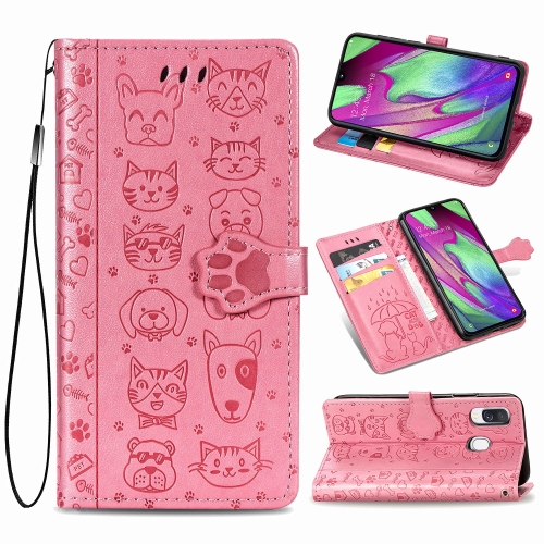 

For Galaxy A40 Cute Cat and Dog Embossed Horizontal Flip Leather Case with Bracket / Card Slot / Wallet / Lanyard(Pink)