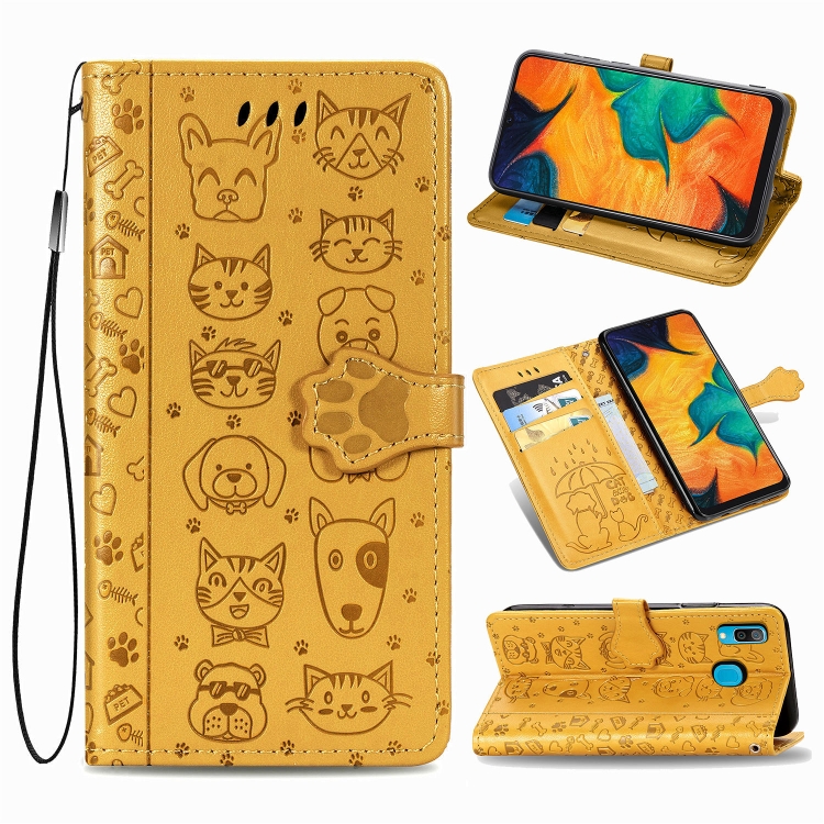 

For Galaxy A30 Cute Cat and Dog Embossed Horizontal Flip Leather Case with Bracket / Card Slot / Wallet / Lanyard(Yellow)