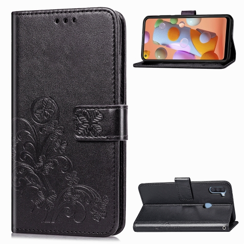 

For Galaxy A11 Four-leaf Clasp Embossed Buckle Mobile Phone Protection Leather Case with Lanyard & Card Slot & Wallet & Bracket Function(Black)