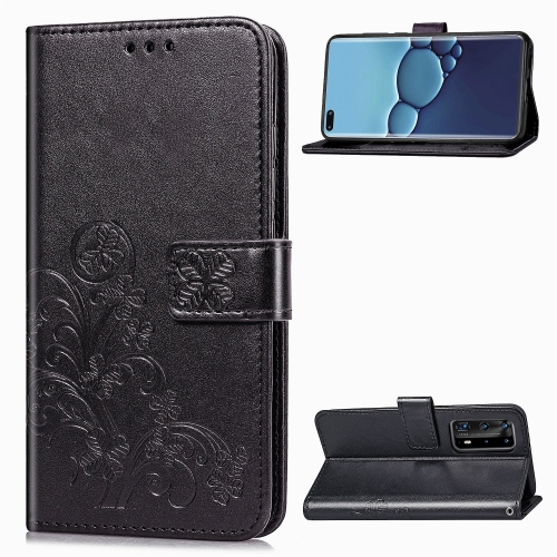 

For Huawei P40 Pro Four-leaf Clasp Embossed Buckle Mobile Phone Protection Leather Case with Lanyard & Card Slot & Wallet & Bracket Function(Black)
