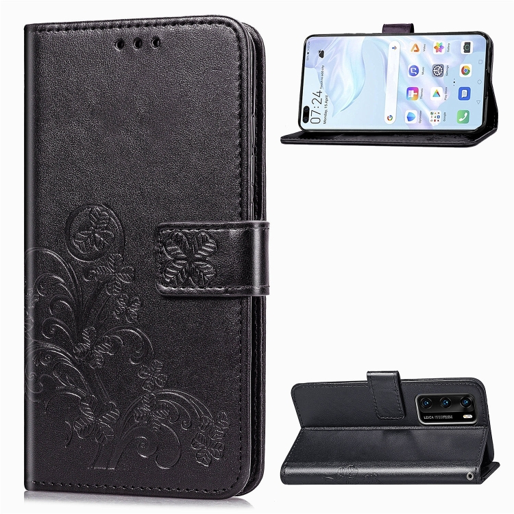 

For Huawei P40 Four-leaf Clasp Embossed Buckle Mobile Phone Protection Leather Case with Lanyard & Card Slot & Wallet & Bracket Function(Black)