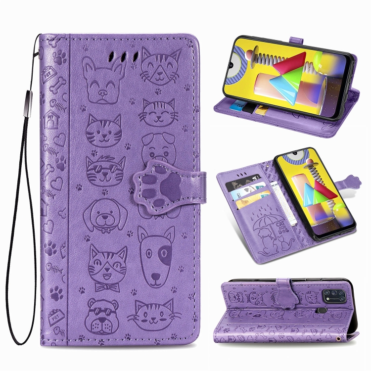

For Galaxy M31 Cute Cat and Dog Embossed Horizontal Flip Leather Case with Bracket / Card Slot / Wallet / Lanyard(Purple)