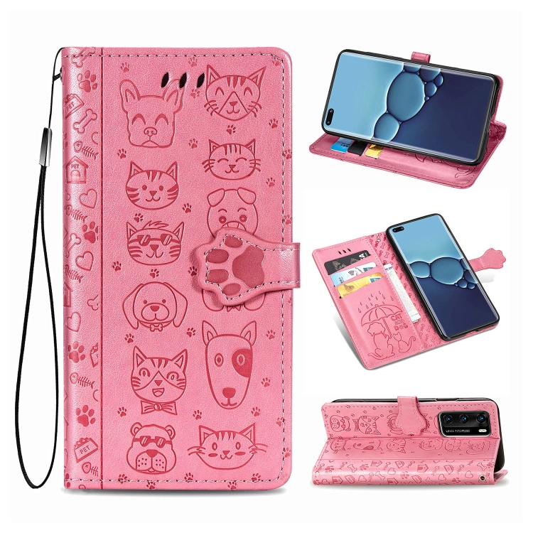

For Huawei P40 Cute Cat and Dog Embossed Horizontal Flip Leather Case with Bracket / Card Slot / Wallet / Lanyard(Pink)
