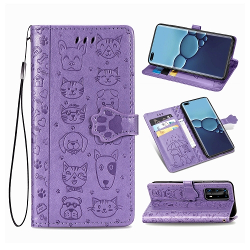 

For Huawei P40 Pro Cute Cat and Dog Embossed Horizontal Flip Leather Case with Bracket / Card Slot / Wallet / Lanyard(Purple)