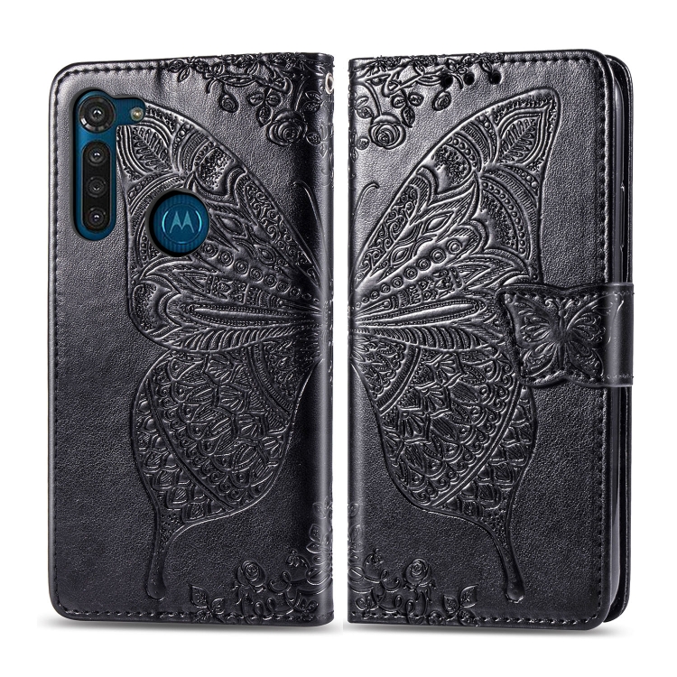 

For Moto G8 Power Butterfly Love Flower Embossed Horizontal Flip Leather Case with Bracket / Card Slot / Wallet / Lanyard(Black)