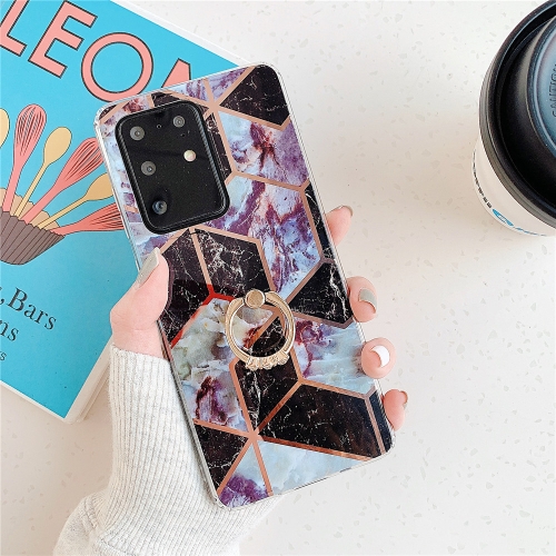 

For Galaxy A51 Plating Colorful Geometric Pattern Mosaic Marble TPU Mobile Phone Case Rhinestone Stand Ring(Black PR6)