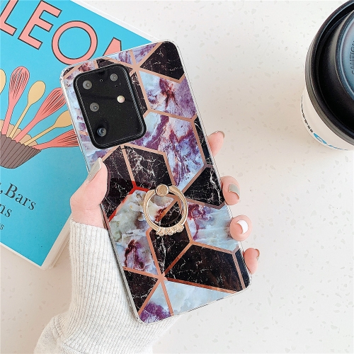 

For Galaxy A71 Plating Colorful Geometric Pattern Mosaic Marble TPU Mobile Phone Case Rhinestone Stand Ring(Black PR6)
