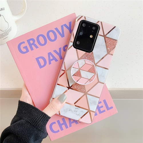 

For Galaxy A71 Plating Colorful Geometric Pattern Mosaic Marble TPU Mobile Phone Case with Folding Bracket(Pink PF1)