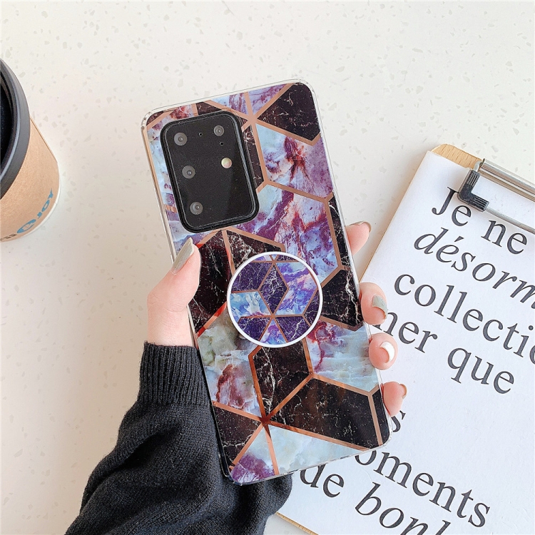 

For Galaxy A71 Plating Colorful Geometric Pattern Mosaic Marble TPU Mobile Phone Case with Folding Bracket(Black PF6)