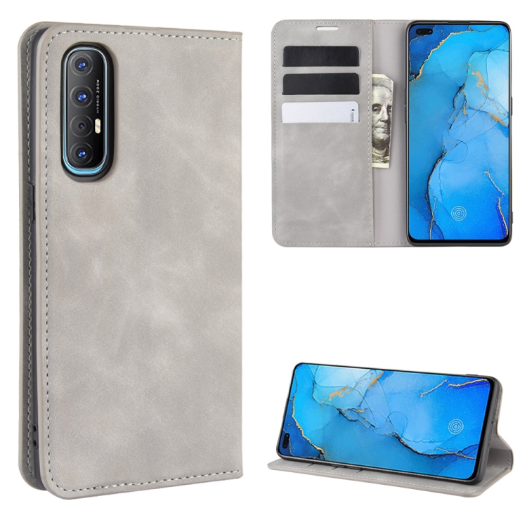 

For Oppo Reno3 Pro Retro-skin Business Magnetic Suction Leather Case with Holder & Card Slots & Wallet(Grey)
