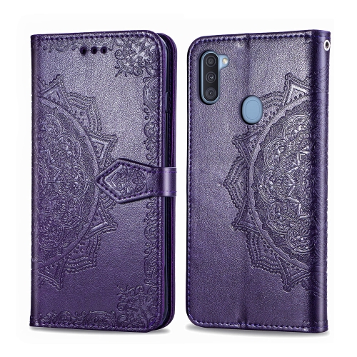 

For Galaxy A11 Halfway Mandala Embossing Pattern Horizontal Flip Leather Case , with Holder & Card Slots & Wallet & Photo Frame & Lanyard(Purple)