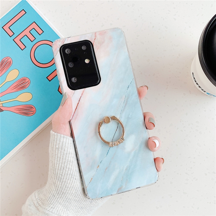 

For Huawei P40 TPU Smooth Marble with Ring Metal Rhinestone Bracket Mobile Phone Protective Case(Blue Q7)