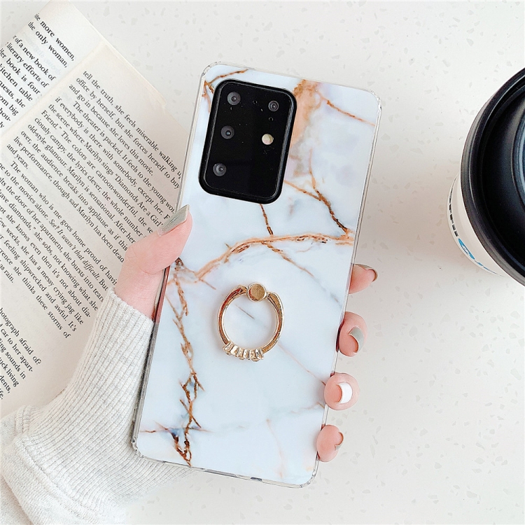 

For Galaxy A71 TPU Smooth Marble with Ring Metal Rhinestone Bracket Mobile Phone Protective Case(Gold Q23)