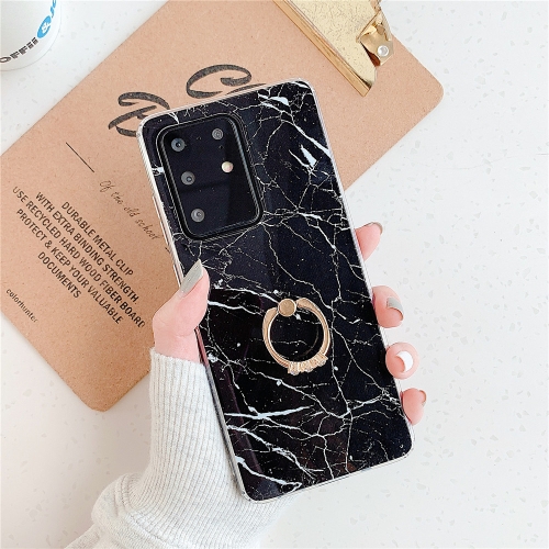 

For Galaxy A71 TPU Smooth Marble with Ring Metal Rhinestone Bracket Mobile Phone Protective Case(Black Q30)