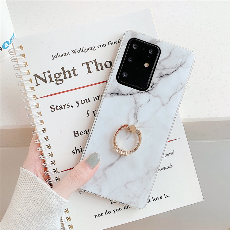 

For Galaxy S20 Ultra TPU Smooth Marble with Ring Metal Rhinestone Bracket Mobile Phone Protective Case(White Q1)