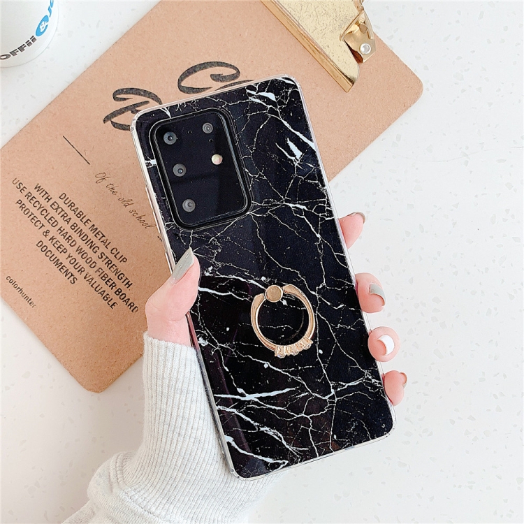 

For Galaxy S20 Ultra TPU Smooth Marble with Ring Metal Rhinestone Bracket Mobile Phone Protective Case(Black Q30)